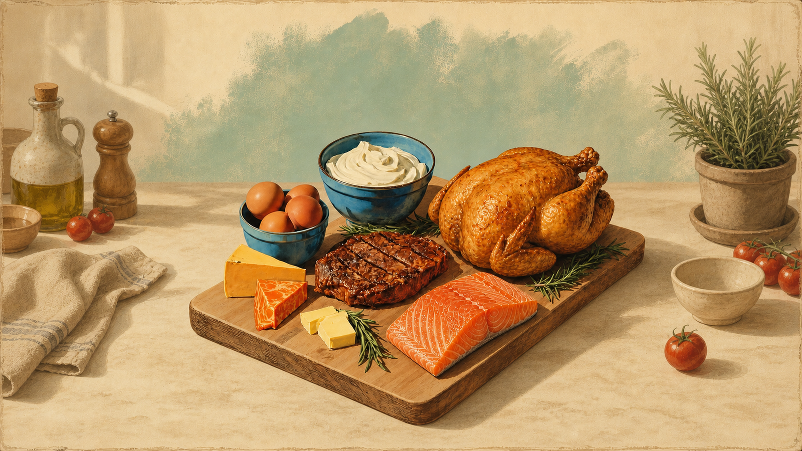 Rustic still life of animal-based whole-food proteins on a wooden cutting board: roasted chicken, grilled steak, salmon fillet, eggs, butter, cheese wedges, sour cream, tomatoes, olive oil, pepper mill, and sprigs of rosemary.